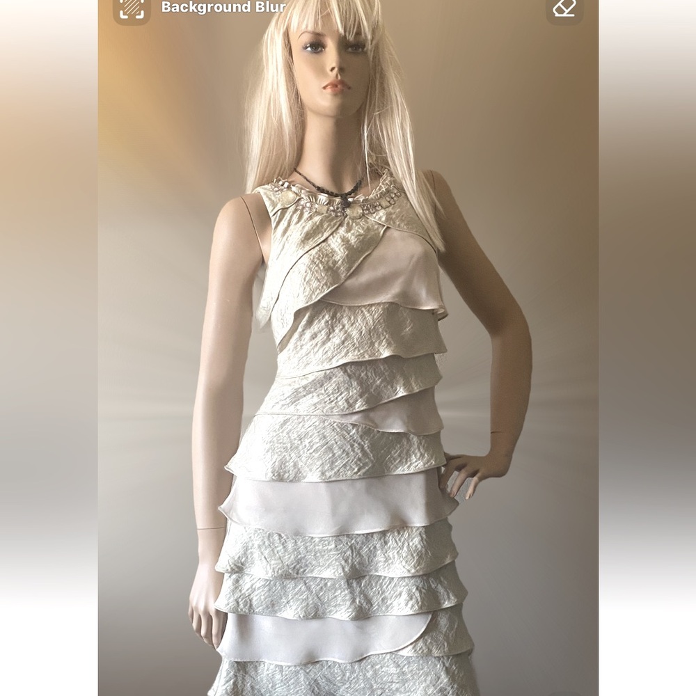 DRESSBARN TIERED BEIGE BEADED VINTAGE DRESS SIZE 8 EVENING PARTY